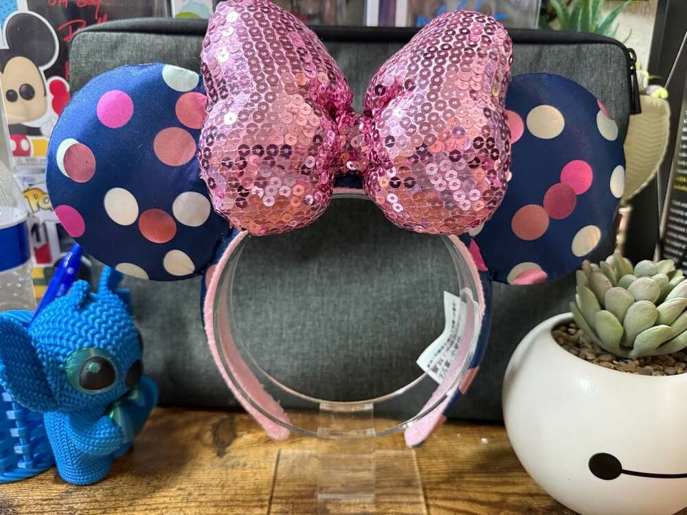 EUC Disney Parks Navy Blue Polka Dot Ears Headband with Pink Bow